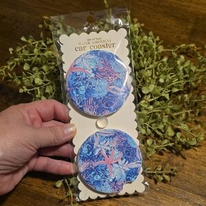 Ceramic Blue and Pink Coastal Car Coasters